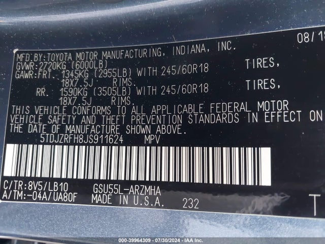 Toyota Highlander Xle 2018 5TDJZRFH8JS911624 Image 9