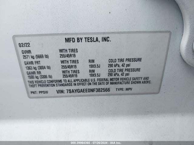 2022 TESLA MODEL Y 7SAYGAEE0NF382566 Photo 8