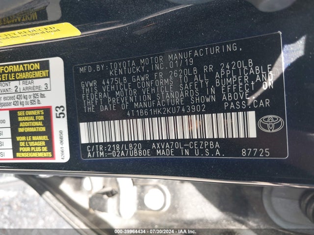 Toyota CAMRY XSE 2019 4T1B61HK2KU743902 Image 9