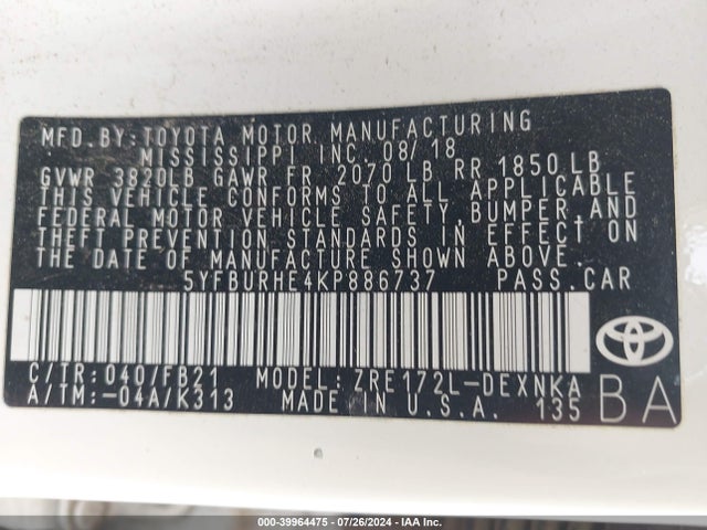 Toyota COROLLA LE 2019 5YFBURHE4KP886737 Image 9