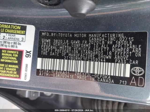 2T1BURHE1FC359244 Toyota COROLLA L
