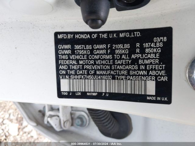 SHHFK7H50JU416032 Honda CIVIC EX
