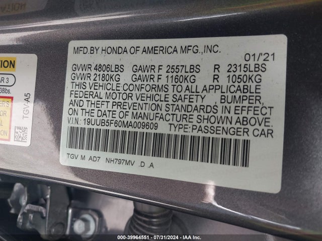 19UUB5F60MA009609 Acura Tlx Advance Package