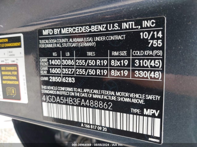 4JGDA5HB3FA488862 Mercedes-Benz Ml 350 4matic