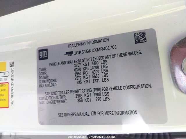1GKS1BKDXMR461701 GMC Yukon 2wd Slt