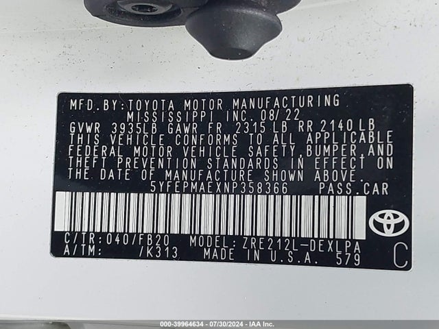 Toyota COROLLA LE 2022 5YFEPMAEXNP358366 Image 9