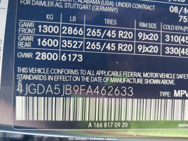 4JGDA5JB9FA462633 Mercedes-Benz ML 350