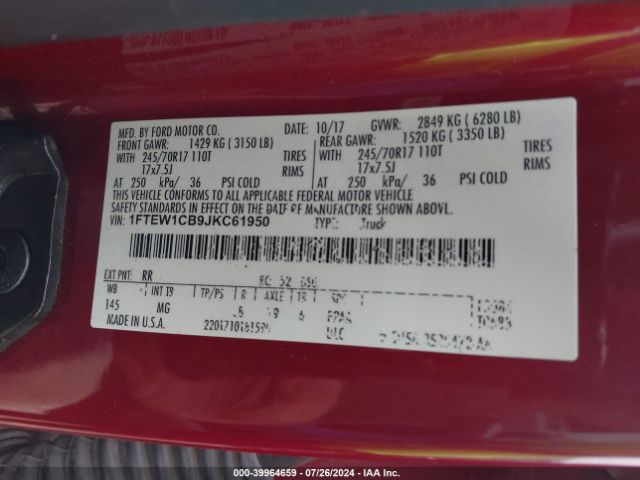 1FTEW1CB9JKC61950 Ford F-150 Xlt