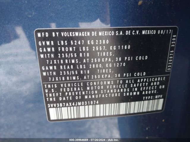 3VV3B7AX4JM031974 Volkswagen Tiguan 2.0t Se/2.0t Sel