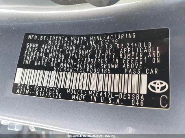 Toyota COROLLA SE 2020 5YFS4RCE5LP009165 Image 9