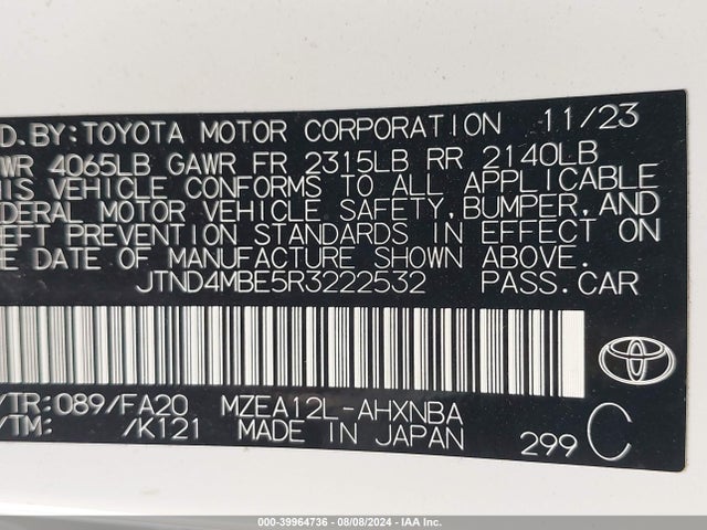 Aukcja sprzedaży 2024 Toyota Corolla Se, vin: JTND4MBE5R3222532, numer aukcji: 39964736