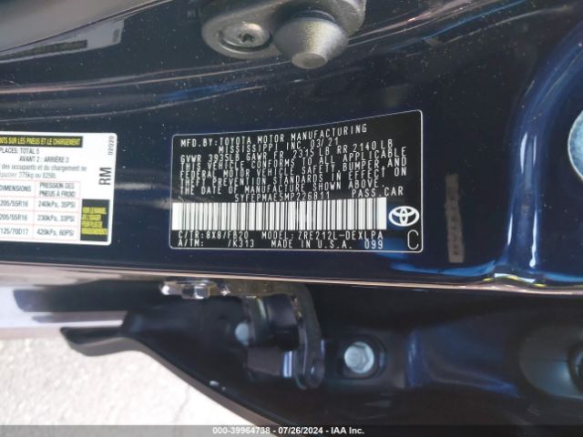 5YFEPMAE5MP226811 Toyota COROLLA LE