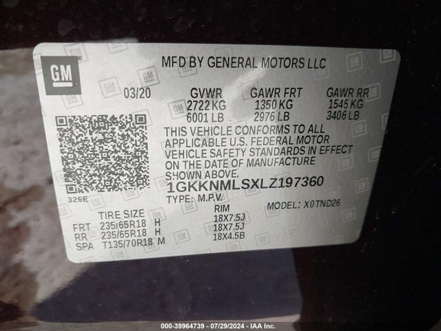 1GKKNMLSXLZ197360 GMC Acadia Fwd Slt