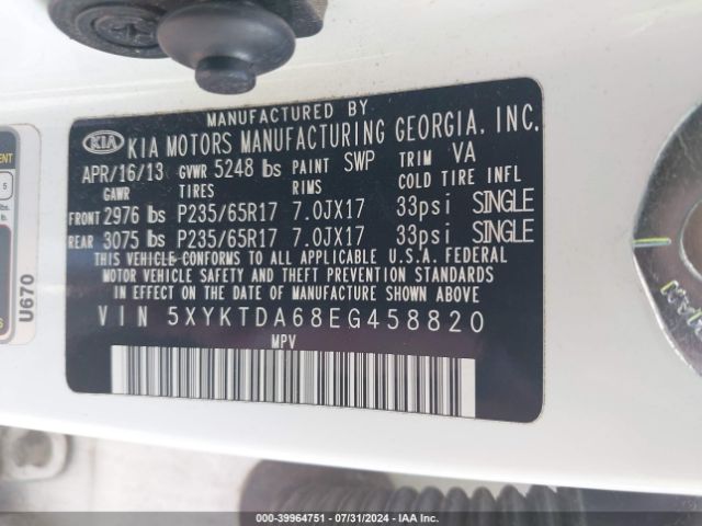 5XYKTDA68EG458820 KIA SORENTO LX