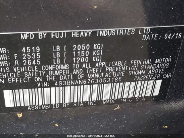 4S3BNAN67G3053185 Subaru Legacy 2.5i Limited