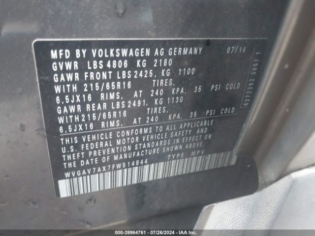 WVGAV7AX7FW514844 Volkswagen TIGUAN S