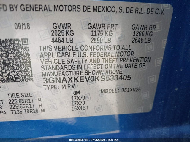 Chevrolet EQUINOX LT 2019 3GNAXKEV0KS533405 Image 9