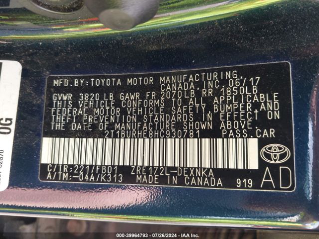 2T1BURHE8HC930781 Toyota COROLLA LE