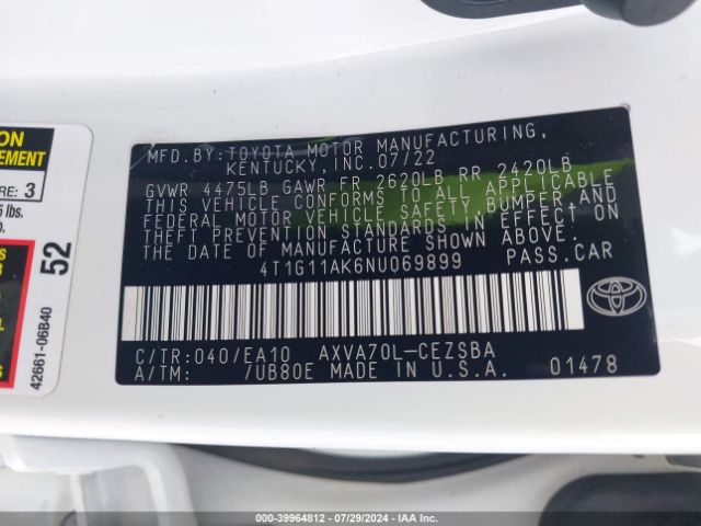 4T1G11AK6NU069899 Toyota CAMRY SE
