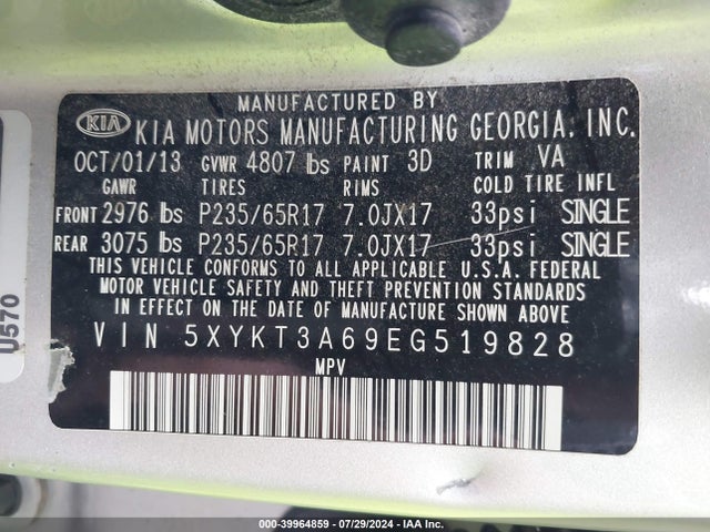 KIA SORENTO LX 2014 5XYKT3A69EG519828 Image 9