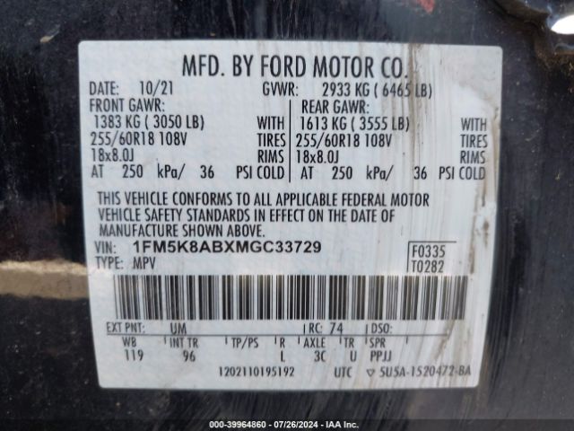 1FM5K8ABXMGC33729 Ford Police Interceptor Utility