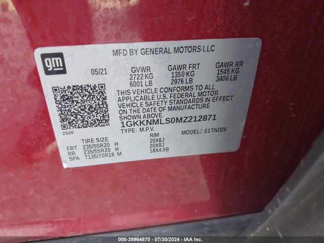 1GKKNMLS0MZ212871 GMC Acadia Fwd Slt