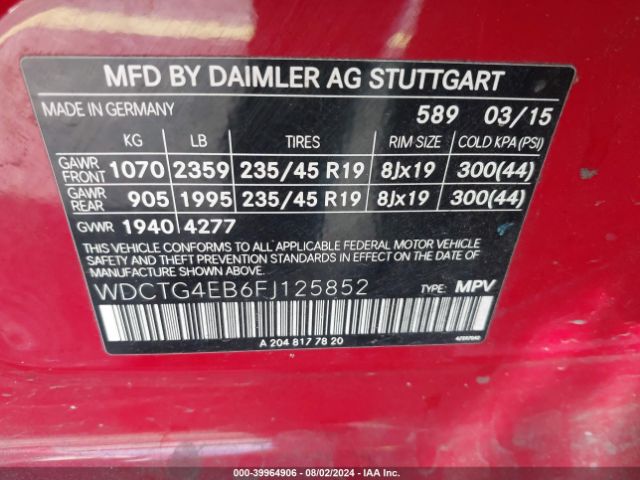 WDCTG4EB6FJ125852 Mercedes-Benz GLA 250