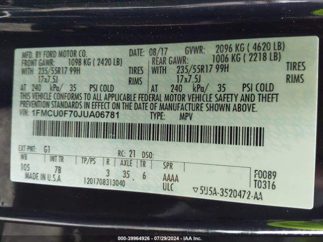 1FMCU0F70JUA06781 Ford ESCAPE S