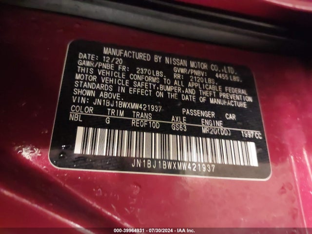 JN1BJ1BWXMW421937 Nissan Rogue Sport Sv Awd Xtronic Cvt