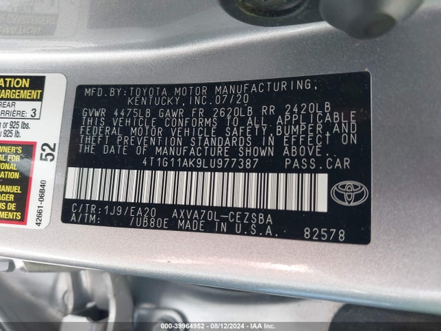 Toyota CAMRY SE 2020 4T1G11AK9LU977387 Image 9
