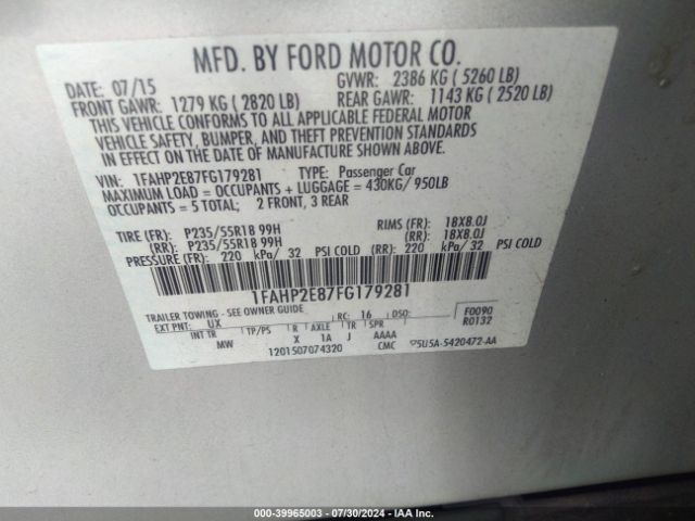 1FAHP2E87FG179281 Ford TAURUS SEL