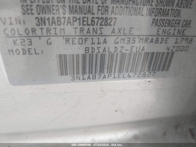3N1AB7AP1EL672827 Nissan Sentra Fe+ S/fe+ Sv/s/sl/sr/sv
