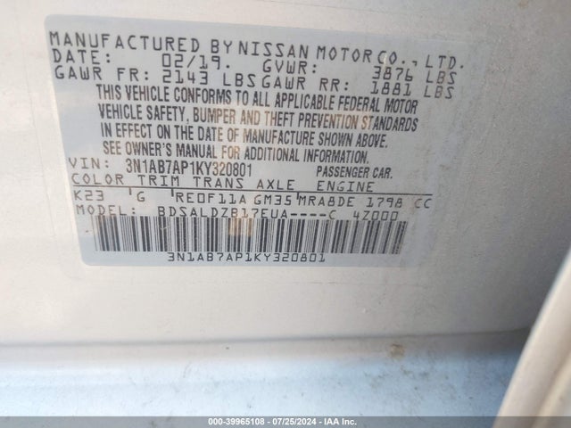 Nissan SENTRA SV 2019 3N1AB7AP1KY320801 Image 9