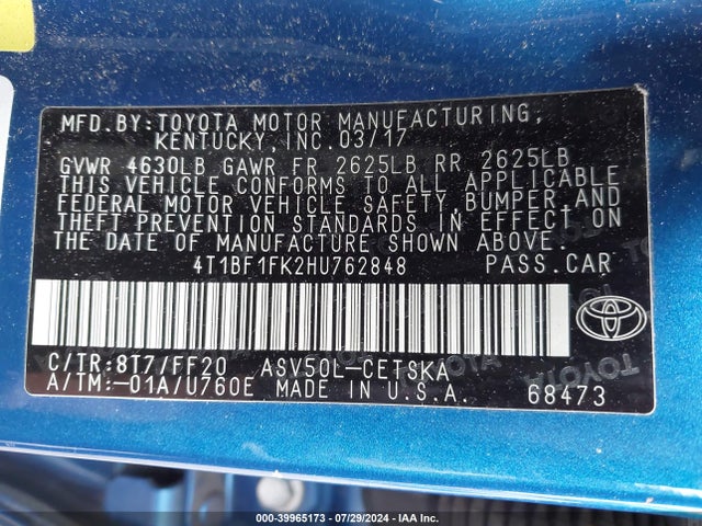 Toyota CAMRY SE 2017 4T1BF1FK2HU762848 Image 9