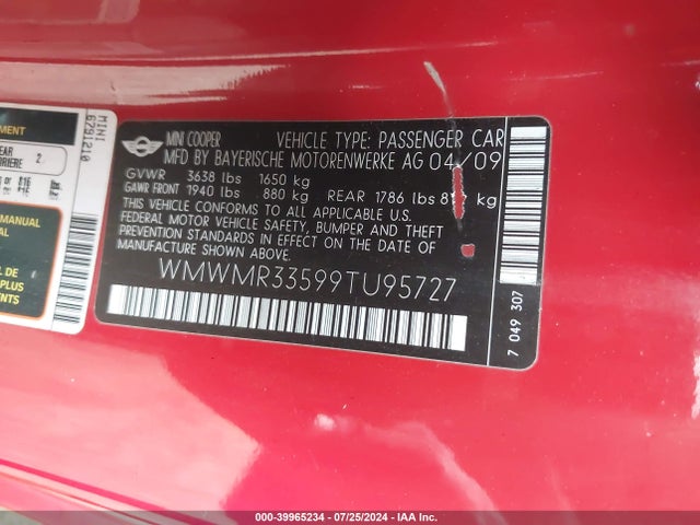 2009 MINI COOPER WMWMR33599TU95727 Photo 8