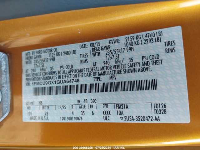 1FMCU9GX1GUA64748 Ford ESCAPE SE