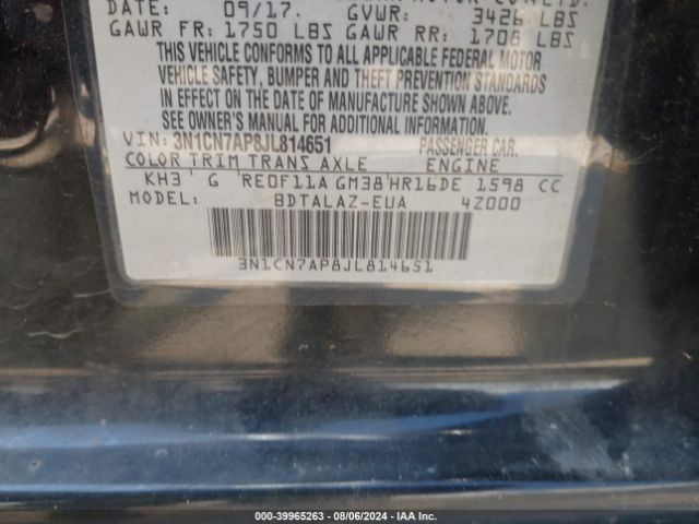 3N1CN7AP8JL814651 Nissan Versa 1.6 S+