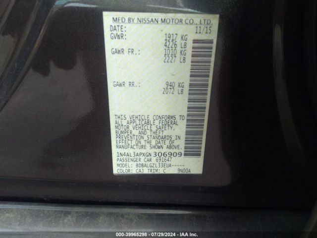 1N4AL3APXGN306909 Nissan Altima 2.5/2.5 S/2.5 Sl/2.5 Sr/2.5 Sv