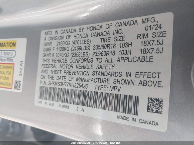 Honda Cr-v Ex-l 2wd 2024 2HKRS3H77RH325426 Image 9