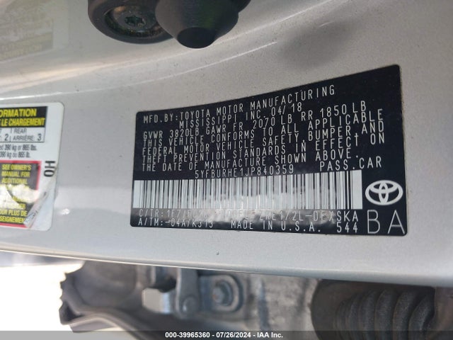 Toyota COROLLA SE 2018 5YFBURHE1JP840359 Image 9