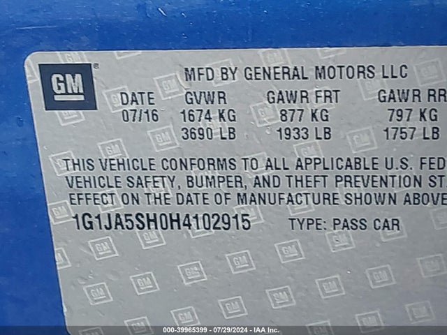 Chevrolet Sonic Ls Manual 2017 1G1JA5SH0H4102915 Image 9