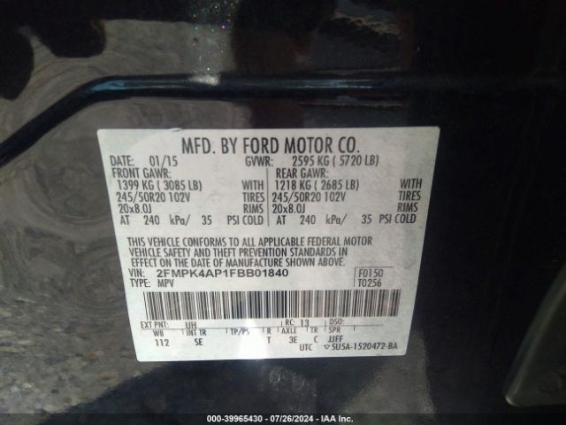 2FMPK4AP1FBB01840 Ford EDGE SPORT