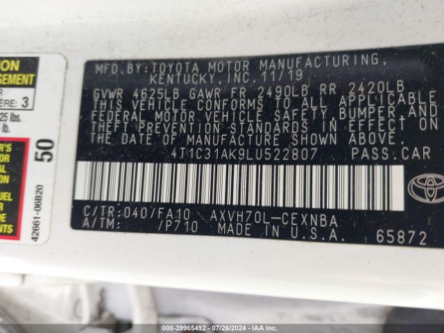 4T1C31AK9LU522807 Toyota Camry Le Hybrid