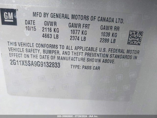 Chevrolet Impala 1fl 2016 2G11X5SA9G9132833 Image 9