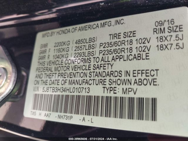 5J8TB3H34HL010713 Acura Rdx Acurawatch Plus Package