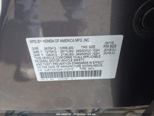 5J8YD3H52KL012775 Acura Mdx Tech Pkg