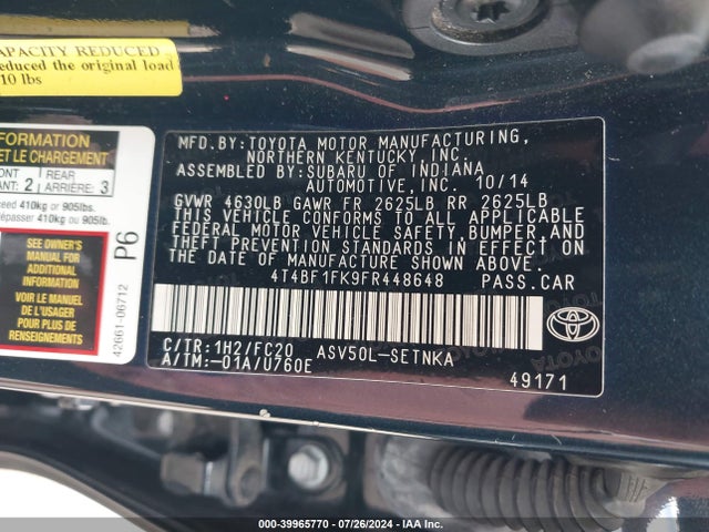Toyota CAMRY LE 2015 4T4BF1FK9FR448648 Image 9