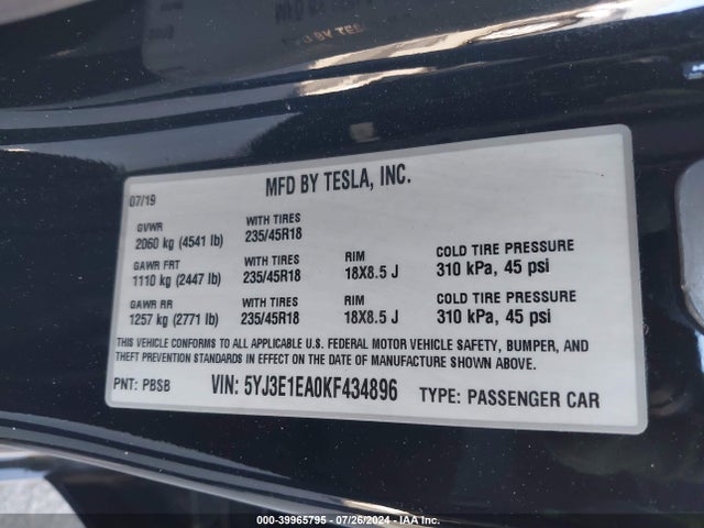 2019 TESLA MODEL 3 5YJ3E1EA0KF434896 Photo 8