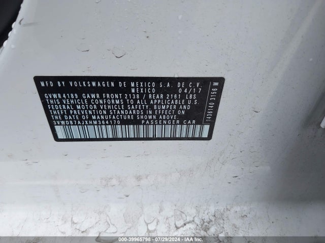 3VWDB7AJXHM364170 Volkswagen Jetta 1.4t Se