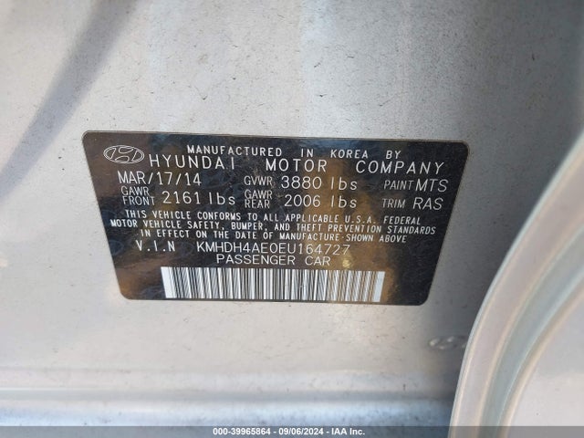 39965864 :رقم المزاد ، KMHDH4AE0EU164727 vin ، 2014 Hyundai Elantra Se مزاد بيع
